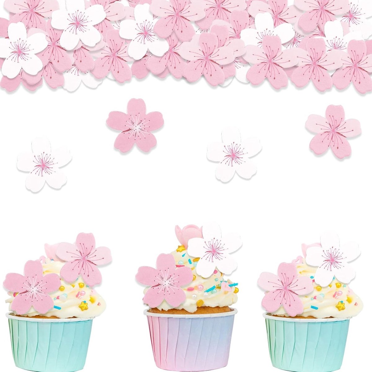 60 Stuks Eetbare Bloemen van Papier voor Taartdecoratie - Kersenbloesem voor Bruiloft, Verjaardag en Babyshower