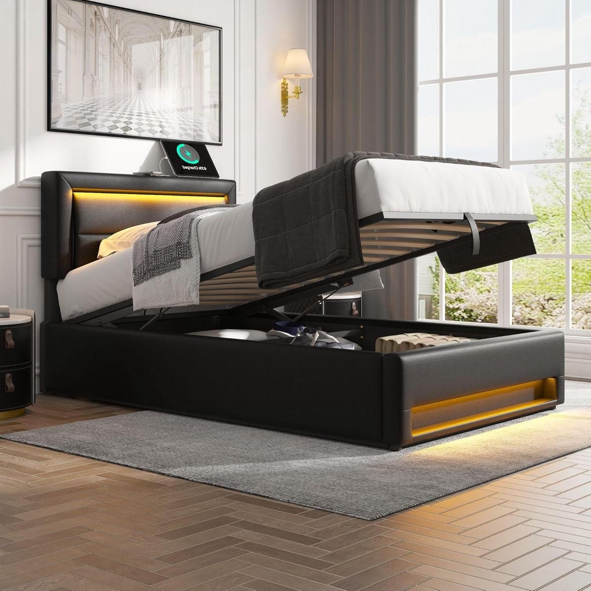 Gestoffeerd Bed - Boxspring met Opbergruimte - Slaapkamer Organiseren - Geïntegreerde USB Oplaadpoort - 90x200 cm - Zwart