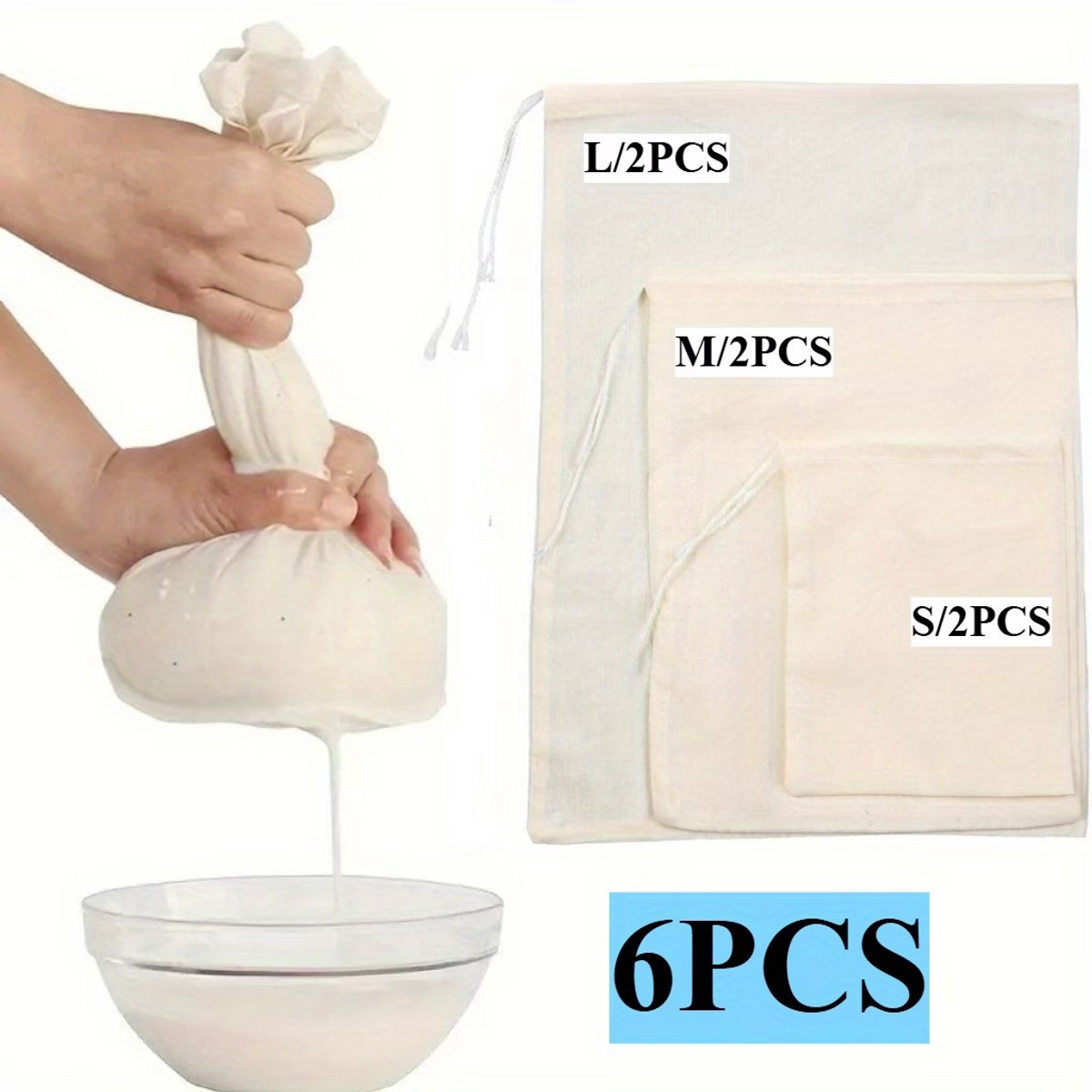 Cheesecloth Bags 6 Stuks – Herbruikbare Katoenen Filterzakken voor Notenmelk, Yoghurt & Sap