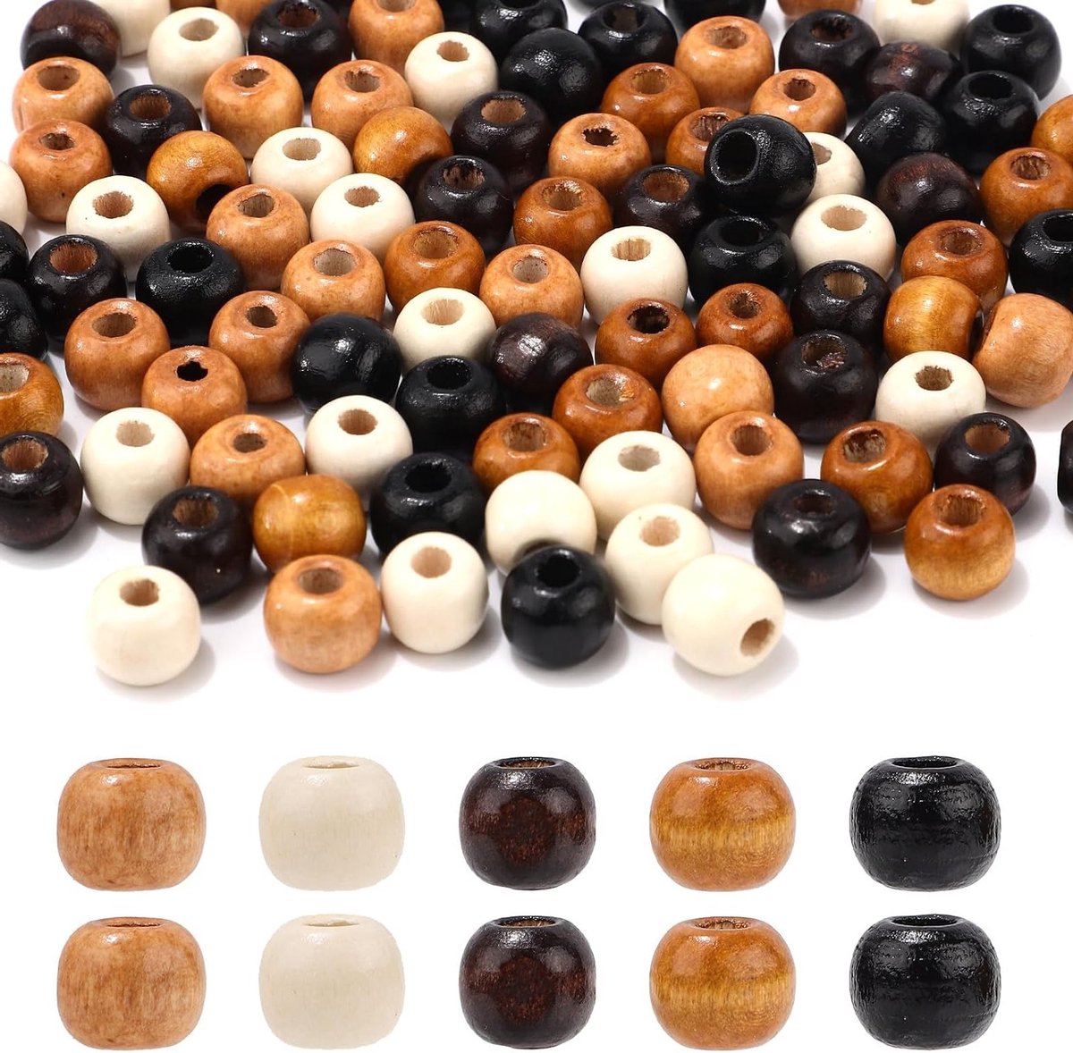 Houten Kralen met Grote Gaten voor Creatieve Projecten, 10mm Vintage Ronde Natuurlijke Kralen in 5 Kleuren, Ideaal voor Macramé, Armbanden en Kettingen