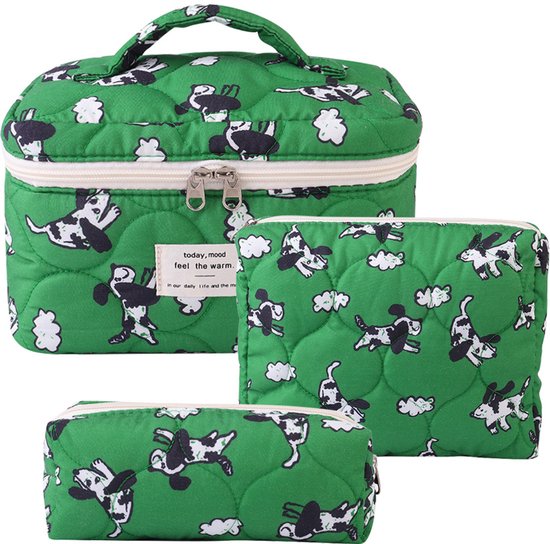 Set van 3 Make-up Tasjes Gewatteerd Bloemen Katoen – Grote Capaciteit Esthetische Cosmetische Tas & Toilettas voor Vrouwen – Reistas Organizer met Ritssluiting -Groene puppy, 3-delige set [Groot + Medium + Klein]