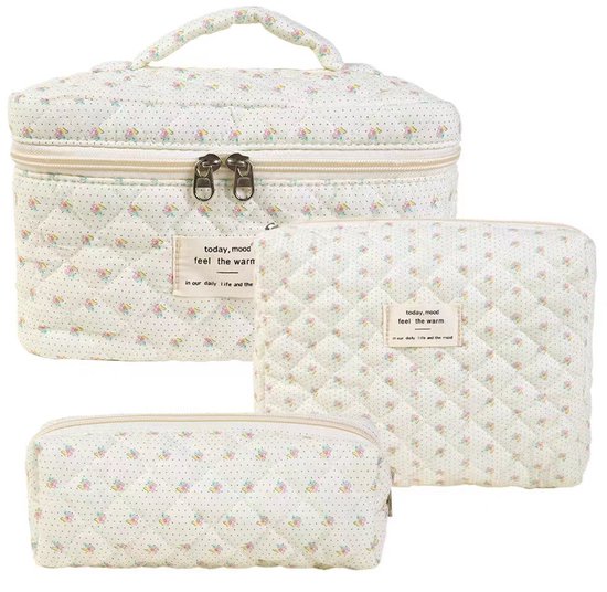 Set van 3 Make-up Tasjes Gewatteerd Bloemen Katoen – Grote Capaciteit Esthetische Cosmetische Tas & Toilettas voor Vrouwen – Reistas Organizer met Ritssluiting -Kleine bij, 3-delige set [groot + middel + klein]