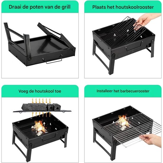 GELLDG Houtskoolgrill - Reisegrill met Uittrekbare Aslade - Opvouwbare Minigrill 35x27x20cm - Geschikt voor Picknick en Camping - Metalen Tischgrill - Draagbaar Design — afbeelding 4