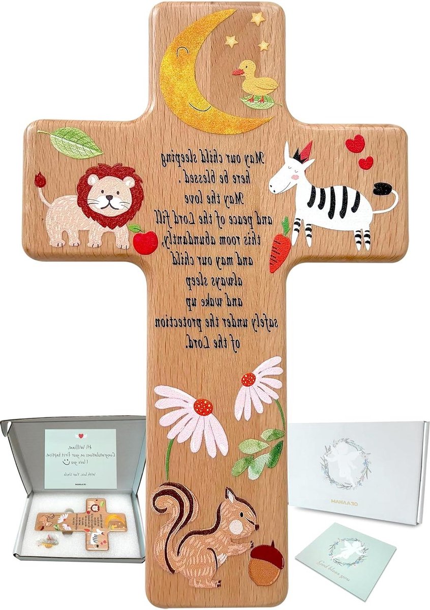 Houten Wandkruis Babykamer - Doopgeschenk Jongen Meisje - Kinderkamer Decoratie - Handgemaakt Beukenhout - 16.8 x 10.9 cm - Natuurlijk