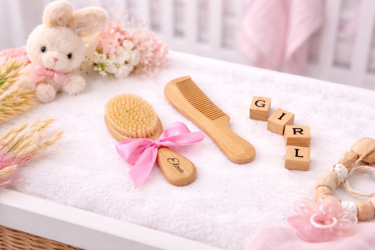Gepersonaliseerd houten kam en borstel setje 2 stuks - Hawsaz.nl cadeau - Genderneutraal - Borstelset - kraamcadeau - Babycadeau - Cadeau voor tweeling - Kraamcadeau met naam - Verzorgingsset - Geboortecadeau met naam voor jongens en meisjes – foto 4