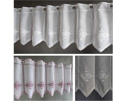 Vitrage op maat - Bistrogordijn Linnenlook - Raamdecoratie aanpassen - Geborduurd Bladmotief - Breedte per 11 cm - Wit