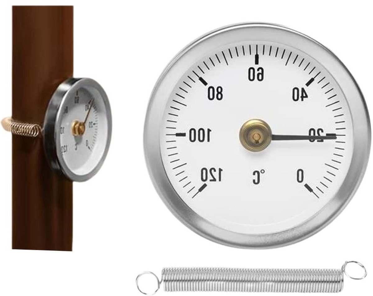 Pijpthermometer Bimetaal - Temperatuurmeter Klem - Buis Temperatuur Meten - Roestvrij Staal - 63mm Diameter - Zilver