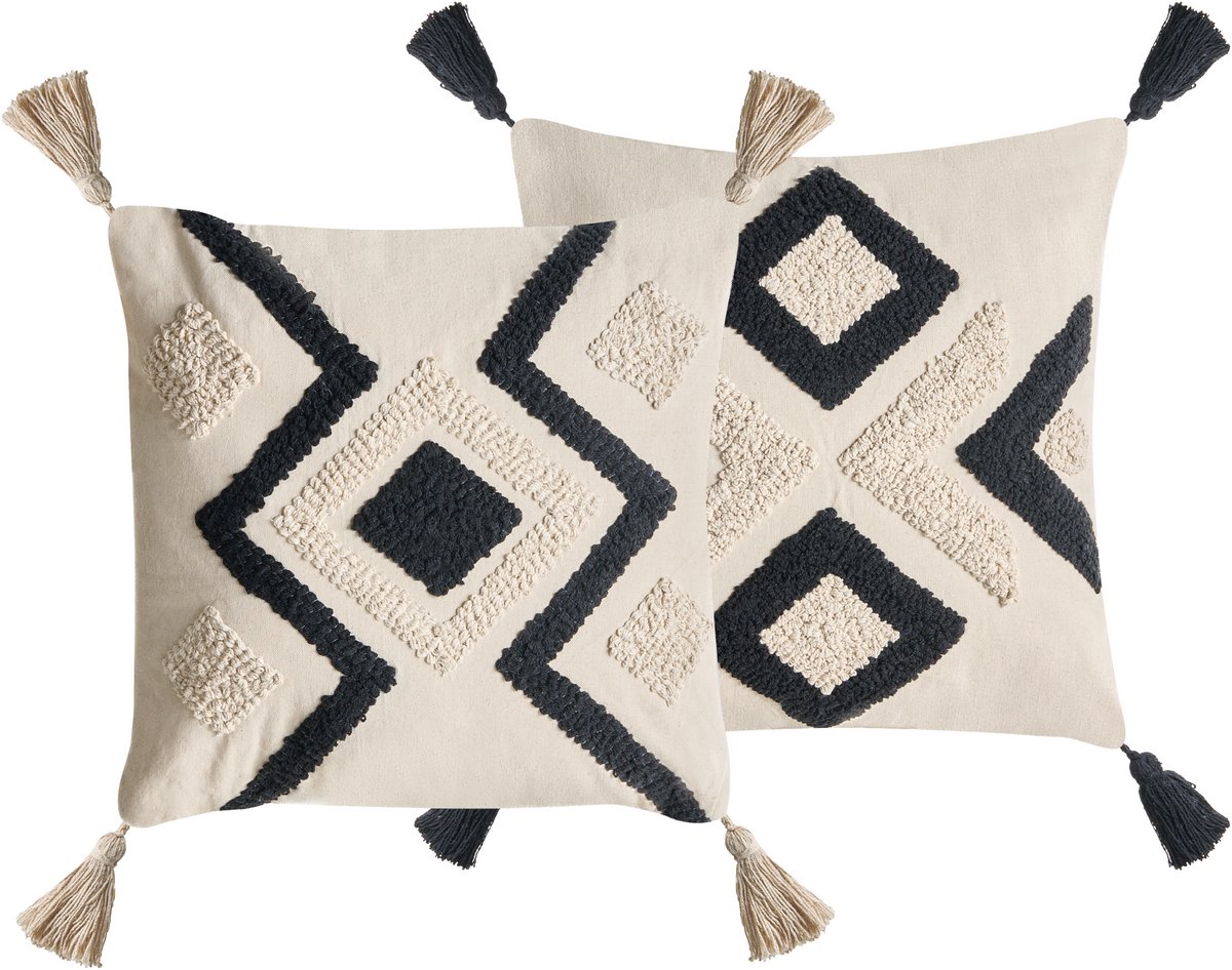 Beliani SARACA - Sierkussen set van 2 - Beige/Zwart - Katoen