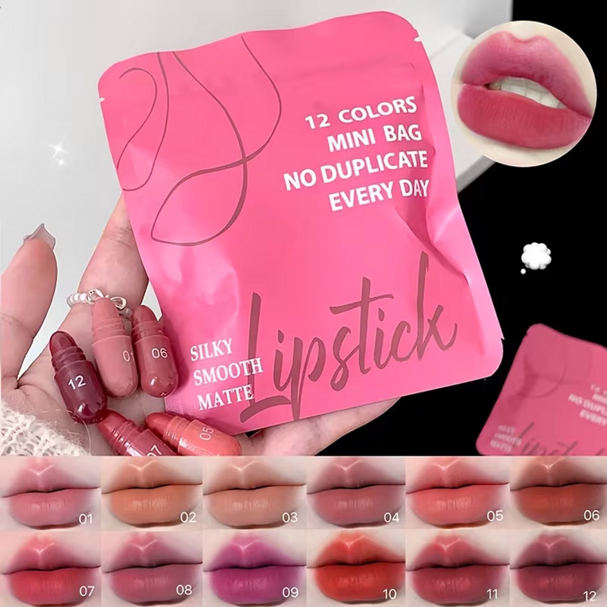 Matte Lipstick Set 12 Stuks – Mini Lippenstiften met Roze, Rood & Bruin Tinten