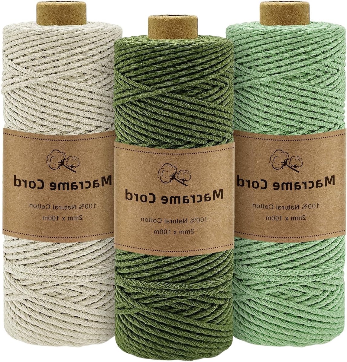 Kleurige Macramé Draad 2mm x 100m, 3 Rollen Natuurlijke Katoenen Koord voor Wanddecoratie, Boho Stijl en Handgemaakte Projecten