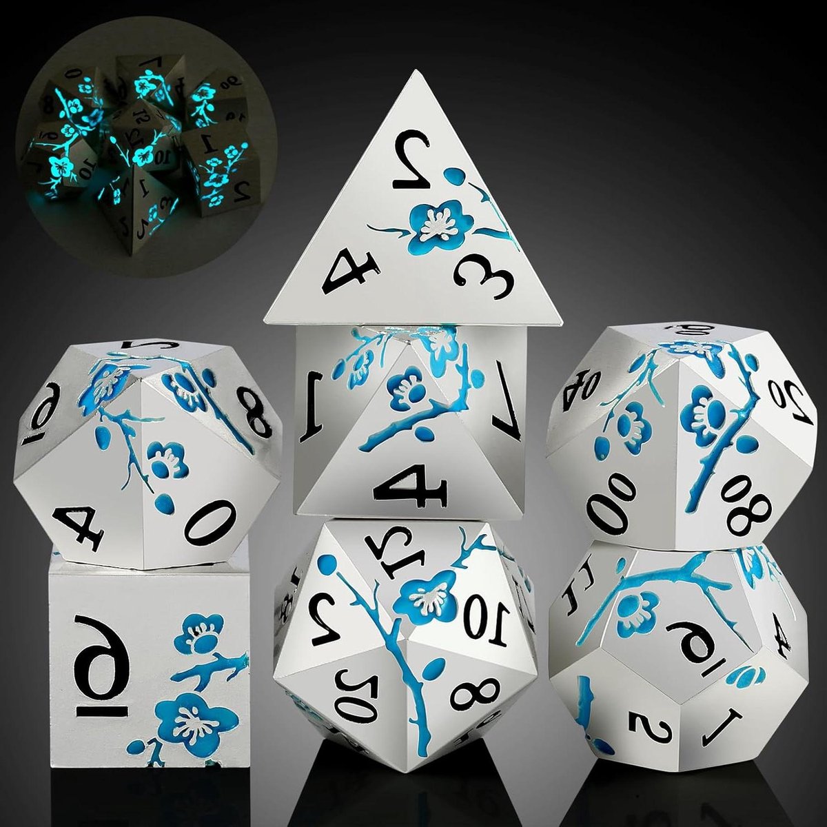 Metalen Dobbelstenen Set - RPG Dobbelstenen - Tafelspel Spelen - Bloem Design - 7 stuks - Blauw