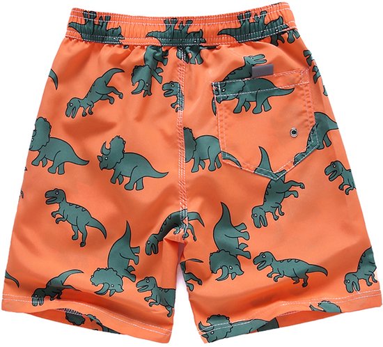 Achterkant van oranje zwembroek met groene dino print, elastische tailleband, trekkoord en zakken.