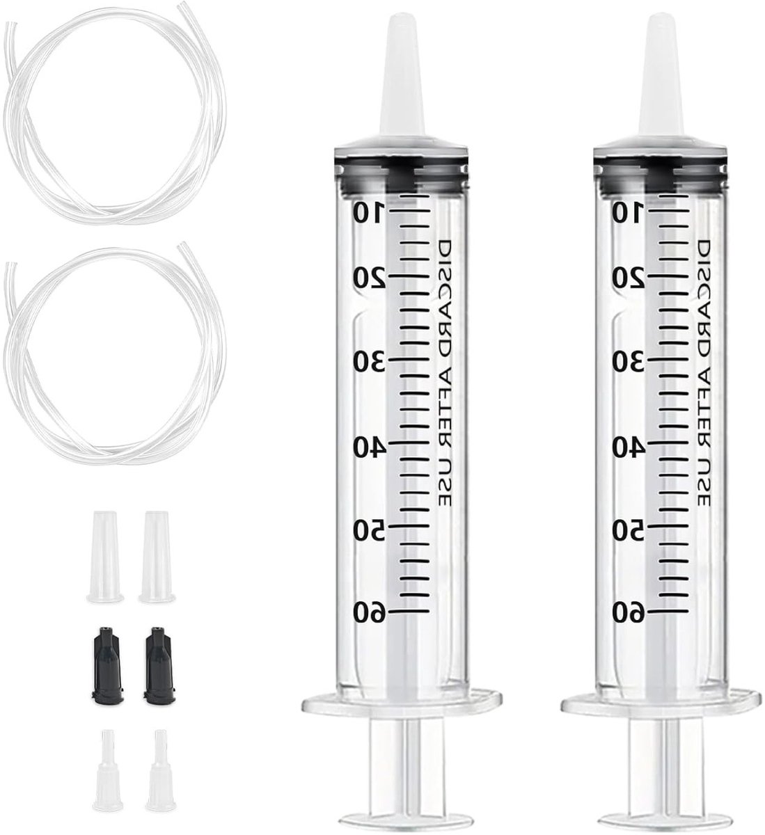 Set van 2 herbruikbare 60ml spuiten met slang, ideaal voor laboratoria, tuinieren en industrie, individueel verpakt zonder naald