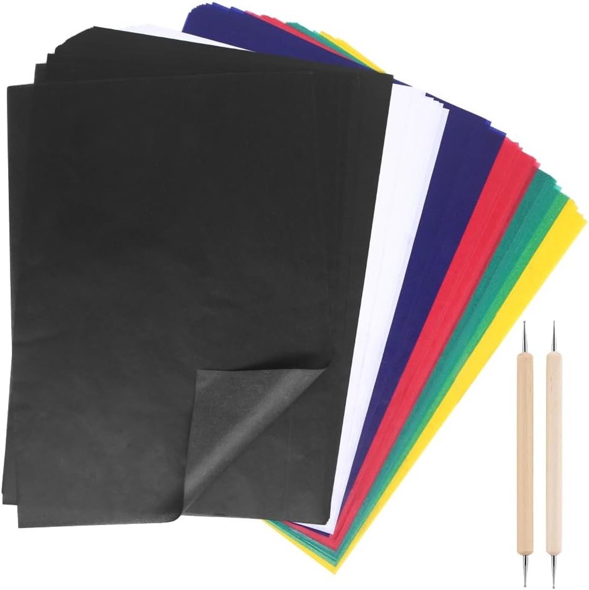 Multicolour Transfer Paper Set met 50 Vellen, Wateroplosbaar voor Stof en Canvas, Inclusief 2 Embossing Nadel Gereedschappen, Ideaal voor Naaiaccessoires en Creatieve Projecten
