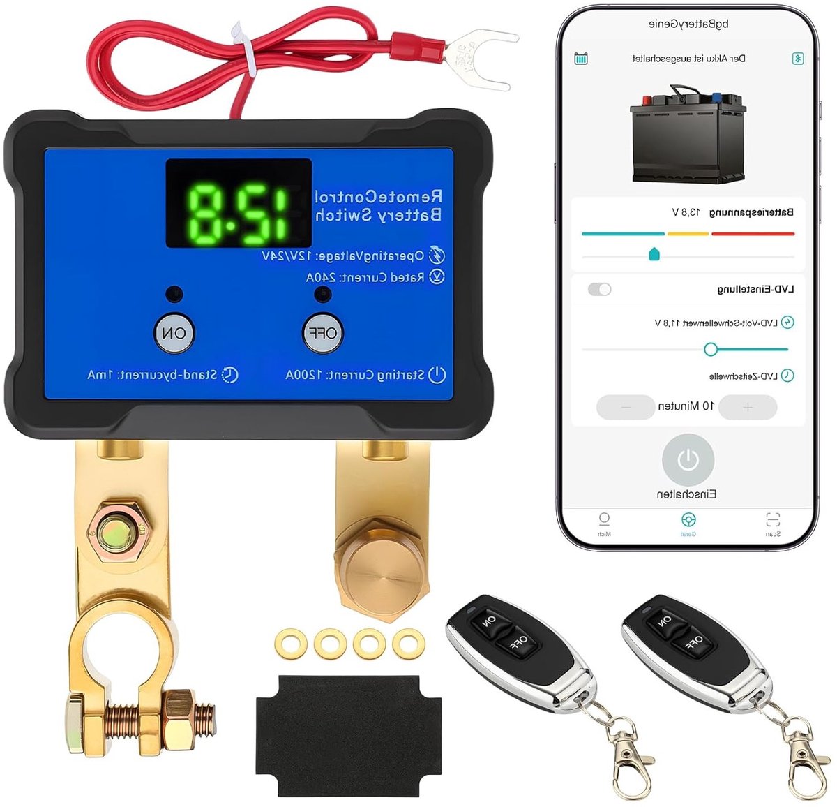 Draadloze afstandsbediening schakelaars voor voertuigen - 12V app-bediening, upgrade versie, anti-diefstal en automatische uitschakeling voor auto, RV, ATV, vrachtwagen en boot