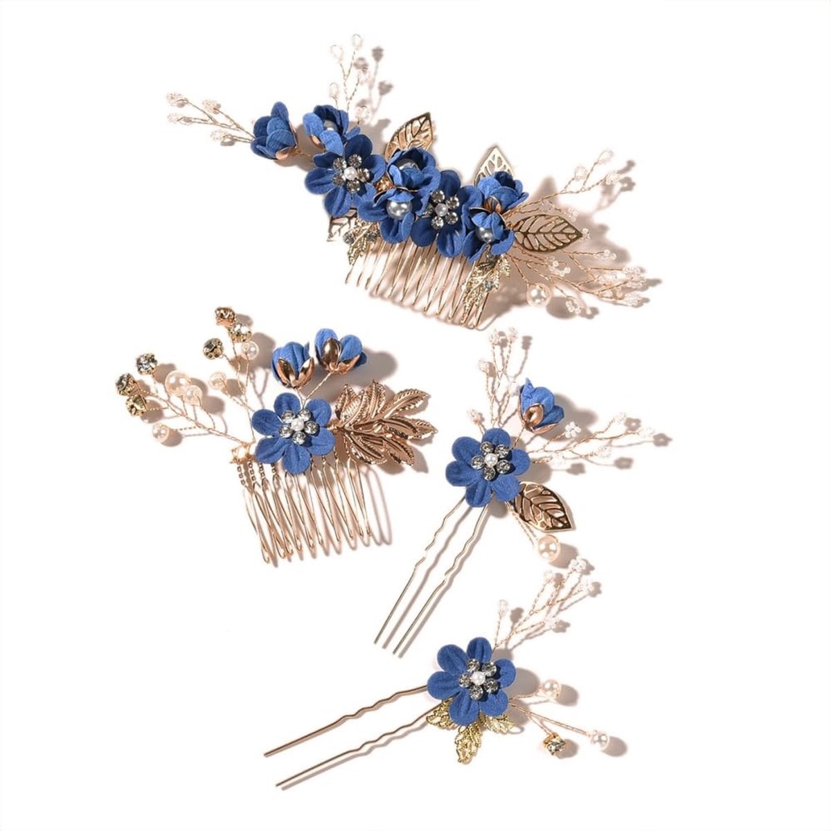 4-delige Bruids Haaraccessoires Set - Haarspelden met Bloemen en Parels - Navy Blauw