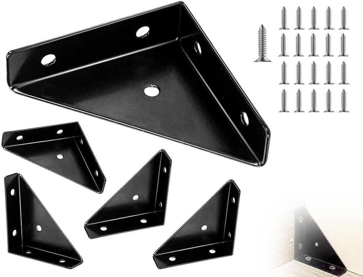 NTHProducts - Hoekhouder - Stalen bevestigingsbeugel - Set van 4 - Zwart - Stevige hoekverbinding - Ideaal voor meubels en constructies