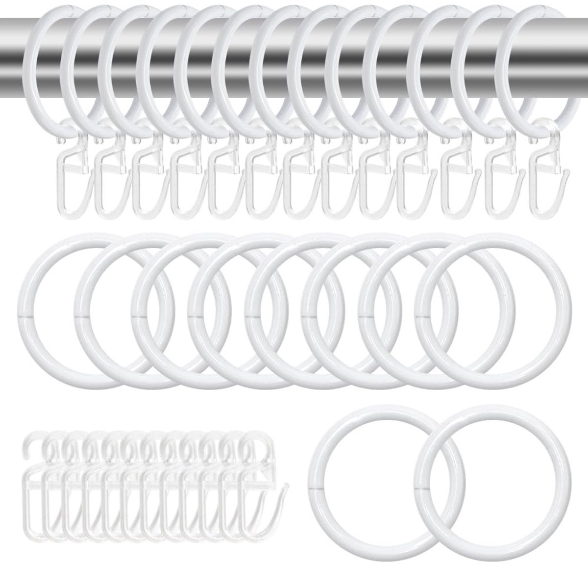NTHProducts - Metal Gordijnringen - Gordijnhaken - Eenvoudige montage - Wit - Voor ramen en deuren - Ideaal voor douchegordijnen - 100 stuks