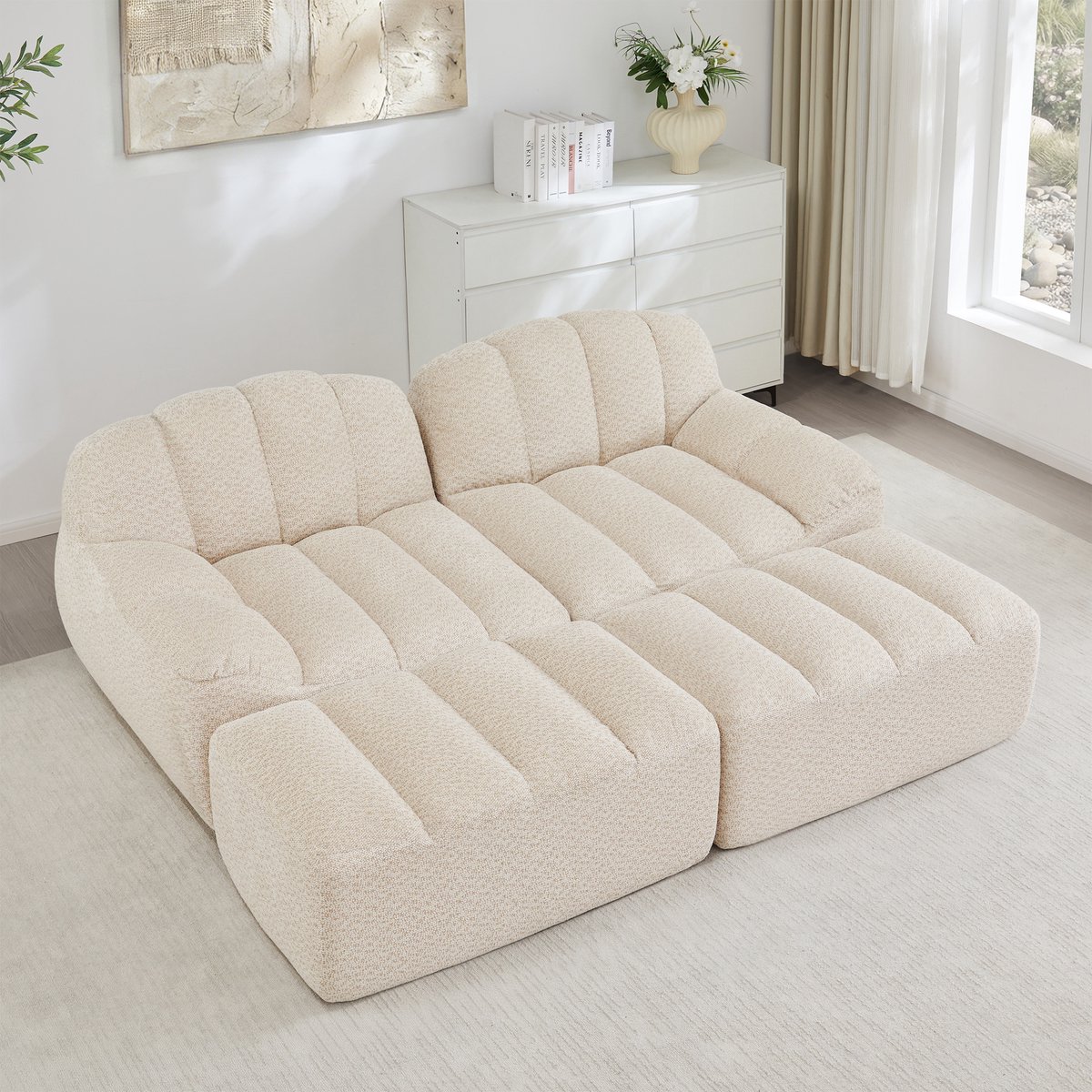 MODENUIT Hoekbank 2-Zits - Modulair Met 2 Ottomans - Voor Woonkamer En Appartement - Fleec