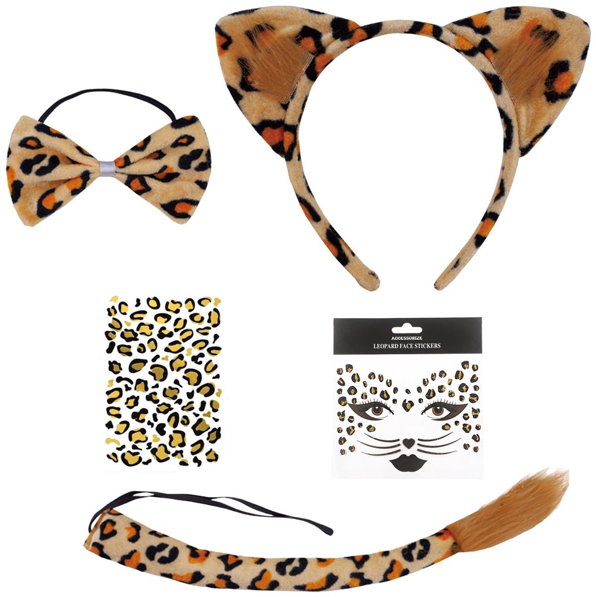 NTHProducts - Leopard Costume - Dierlijk Kostuum - 5-delige Set - Goud - Carnaval Kostuum - Perfect voor Halloween en Feestjes - Inclusief Oren en Staart