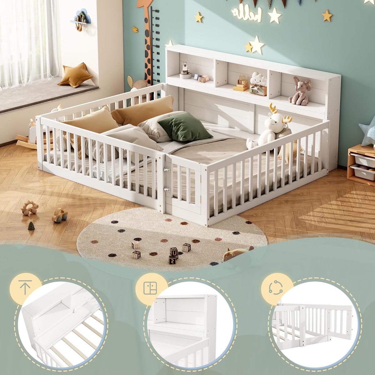 Kinderbed vloerdiep bodembed 140x200 cm met valbeveiliging, deur en opbergvakken – massief dennenhout & MDF, wit modern Montessori vloerbed – Laura