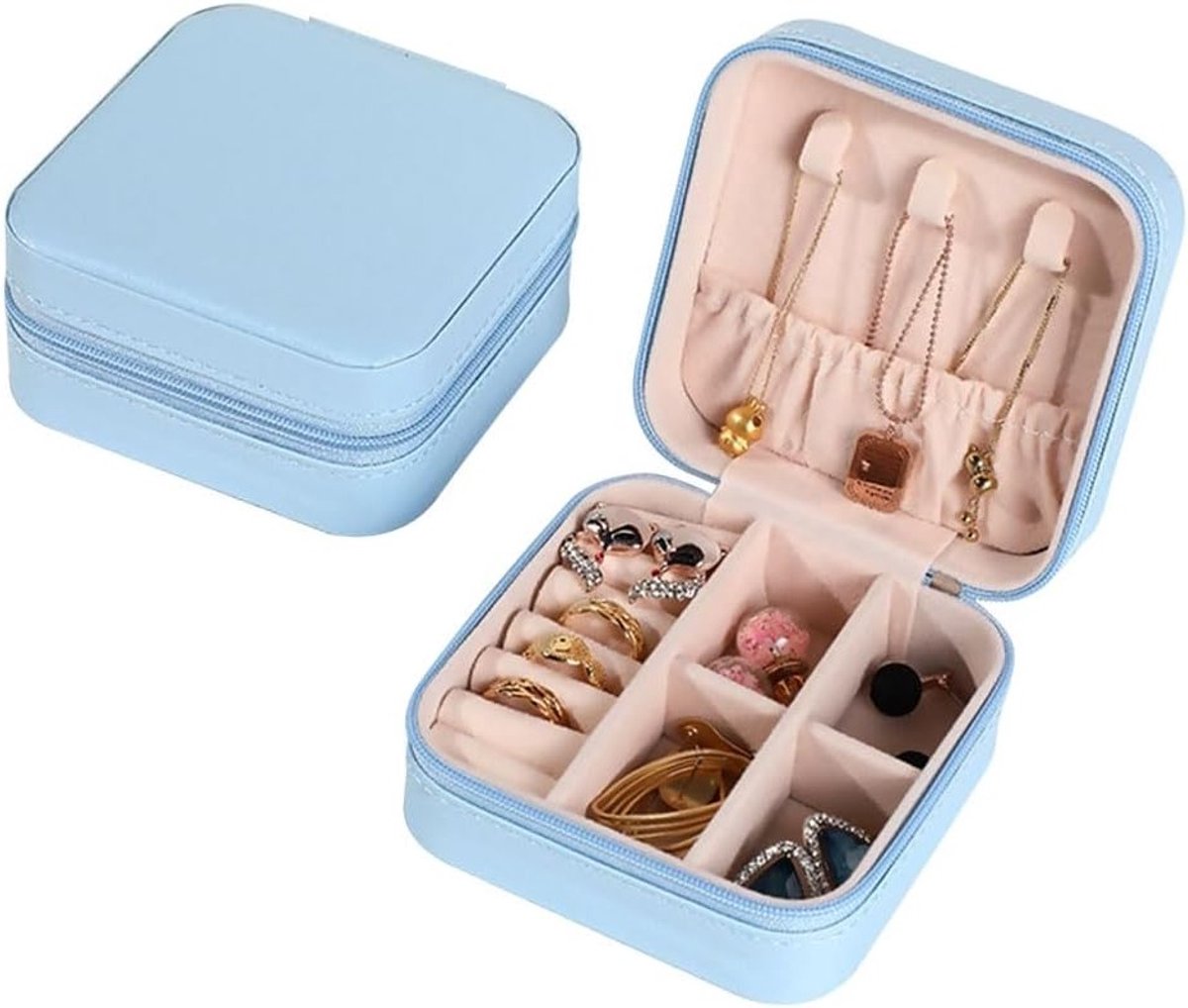 Draagbare Sieradenbox voor Vrouwen - Mini Organizer van PU Leer voor Ringen, Oorbellen, Armbanden en Kettingen (Zwart/Blauw/Roze)