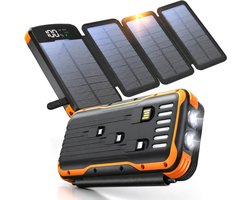 Sounix Powerbank Zonne-energie – 22.5W Snellader & batterij-indicator – 30.000 mAh – Ingebouwde kabels – Met Zaklamp – Outdoor – IP67 – Zwart/Oranje