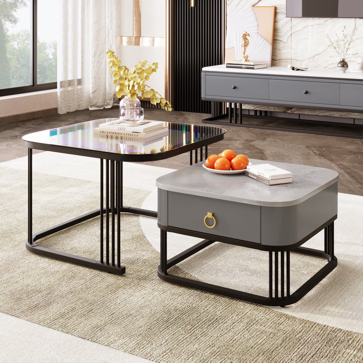 FloraGrace Salontafel Set - Nestbaar Met Lade En Marmerlook - Woonkamer - MDF En Glas - Zwart - 60x60x42 En 50x50x34 Cm Zwart en Grijs