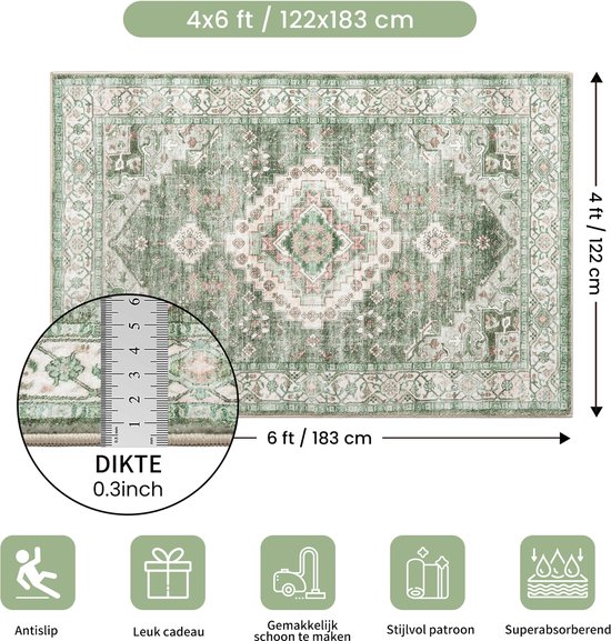Groen vloerkleed met klassiek patroon, 122x183 cm, dikte 0.3 inch, antislip.