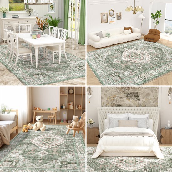 Collage met groen vloerkleed met klassiek patroon in diverse ruimtes.
