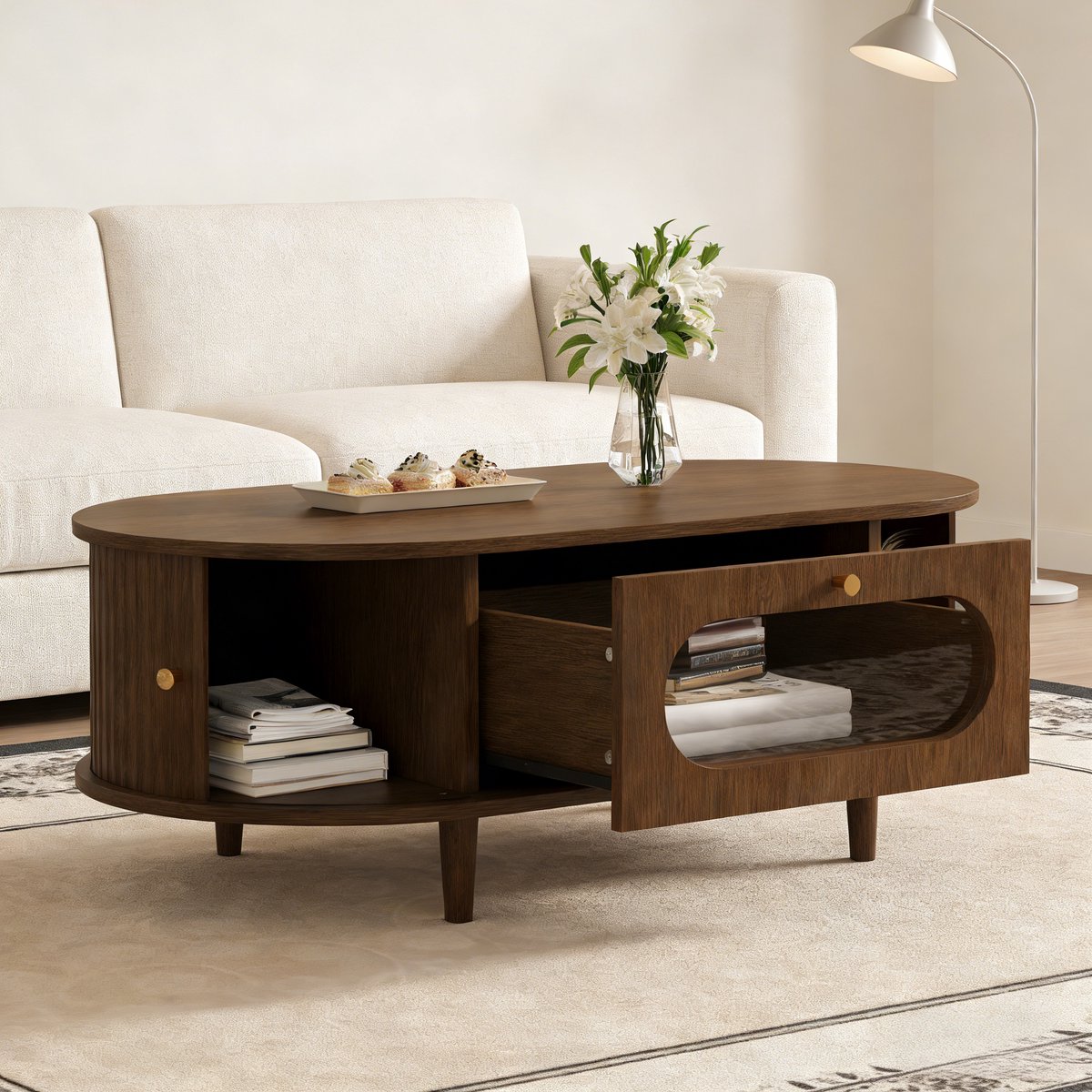 Clruro Salontafel - 100 x 50 x 36 cm - Met Lades Rollo Deur - Opbergruimte - Houtlook - Walnoot