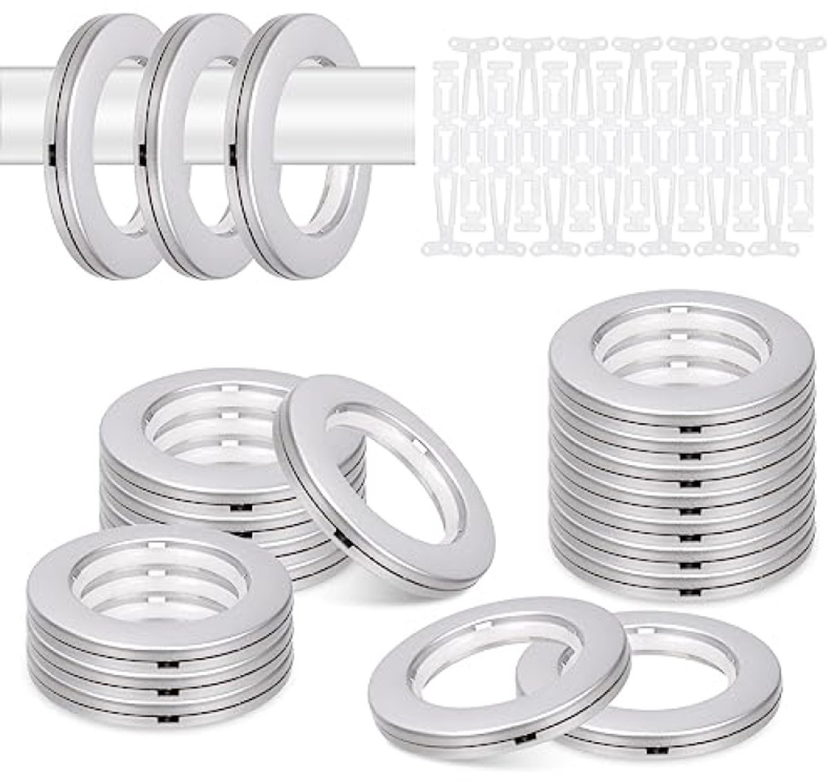 PromoHome 20 stuks 1-5/8" (42 mm) binnendiameter Gordijn Grommets - Zilvergrijze Plastic Gordijnringen met Witte Connectoren - Stille Schuif - Drukvorm Sluiting - voor Gordijnen, Canvas, Doe-het-zelf