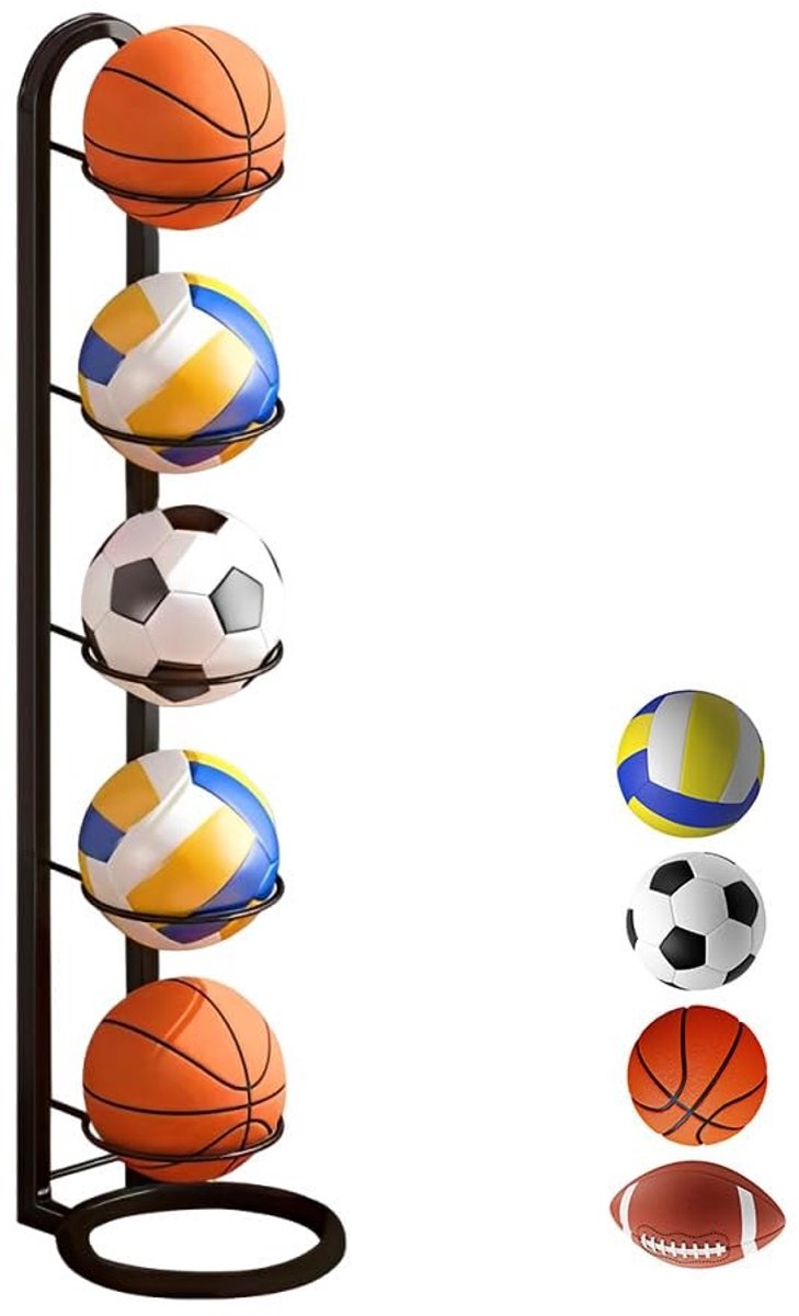 Allecto - 5 Stage Ball Stand - Ballenopslag - Robuust en duurzaam - Zwart - Sportuitrusting organizer - Geschikt voor voetballen en basketballen - ...