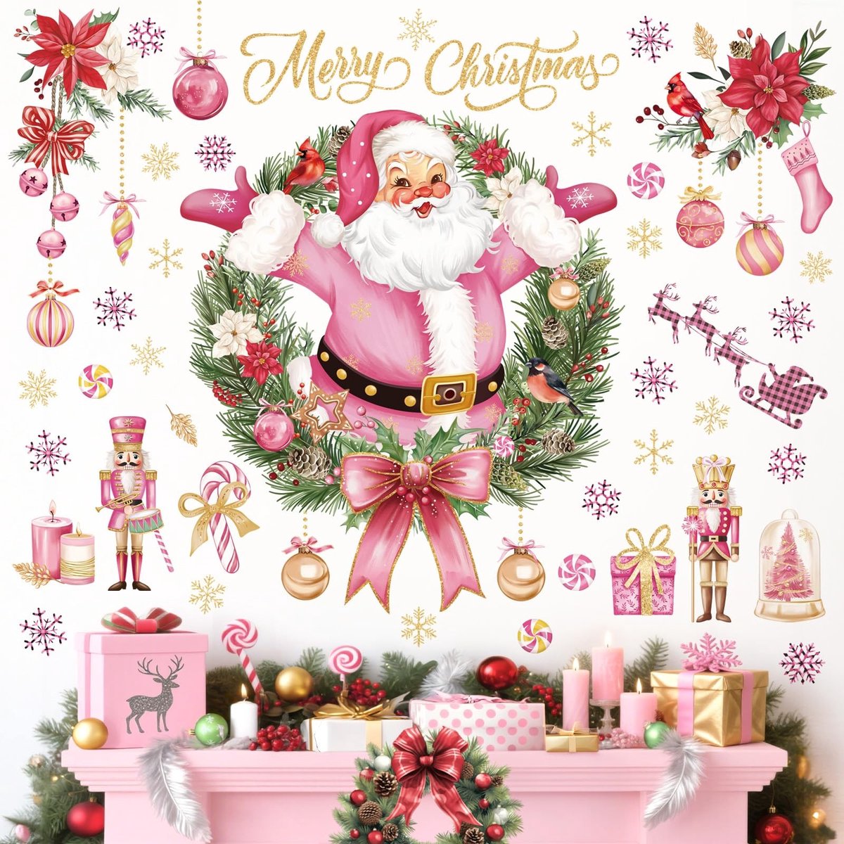 Allecto - Kerst Wandstickers - Kerstman en Sneeuwvlokken - Makkelijk te Plakken - Multicolour - Wanddecoratie - Perfect voor Feestdagen - Voor Thui...