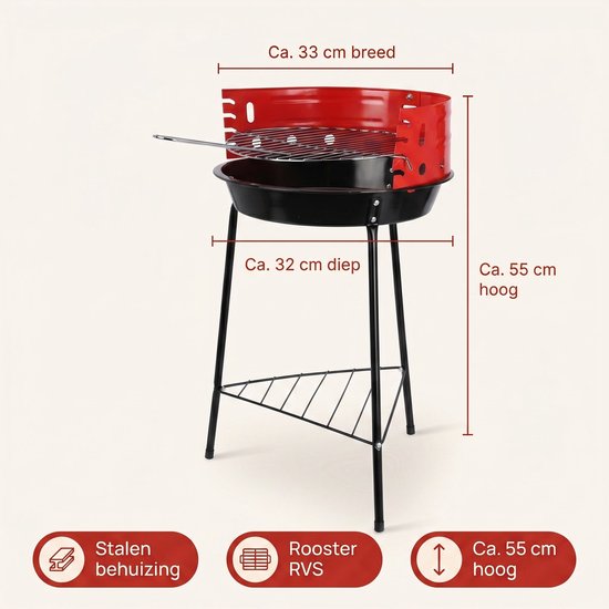 Cheqo® Houtskoolbarbecue - Houtskool Barbecue - Ronde Barbecue - Staande Barbecue - Houtskoolgrill - Tuinbarbecue - Compacte Barbecue voor Balkon en Camping - Barbecue met Verstelbaar Rooster - Houtskool BBQ - Zwart en Rood van Merkloos — afbeelding 2