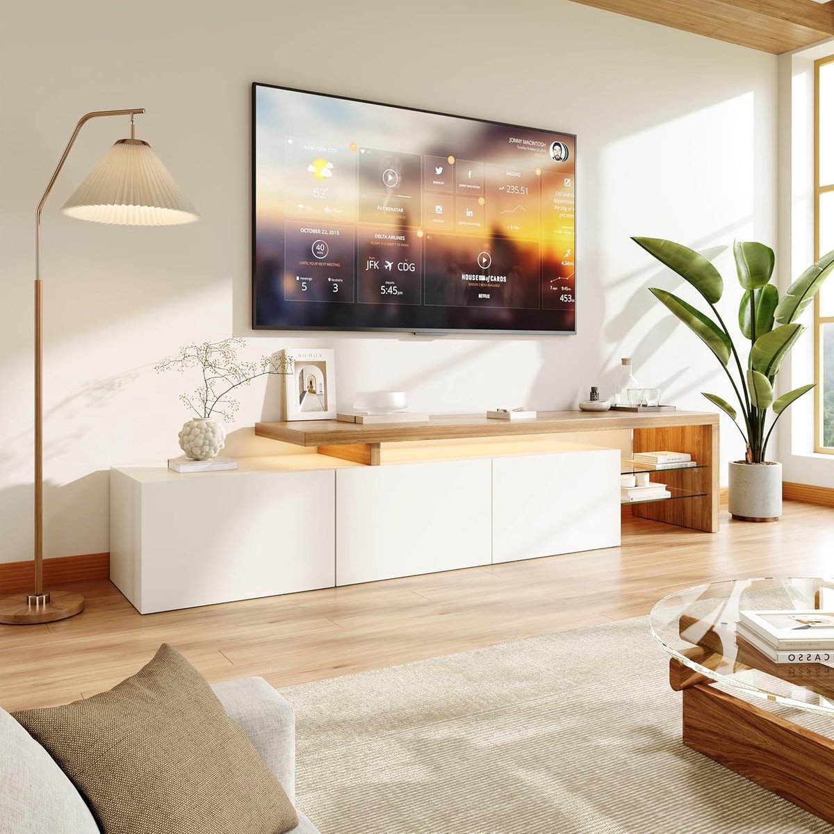Modern Luxe LED TV-Meubel 200x42x39 cm – Hoogglans Wit Wand TV Kast met Glasplanken en Opbergruimte voor Woonkamer & Eetkamer