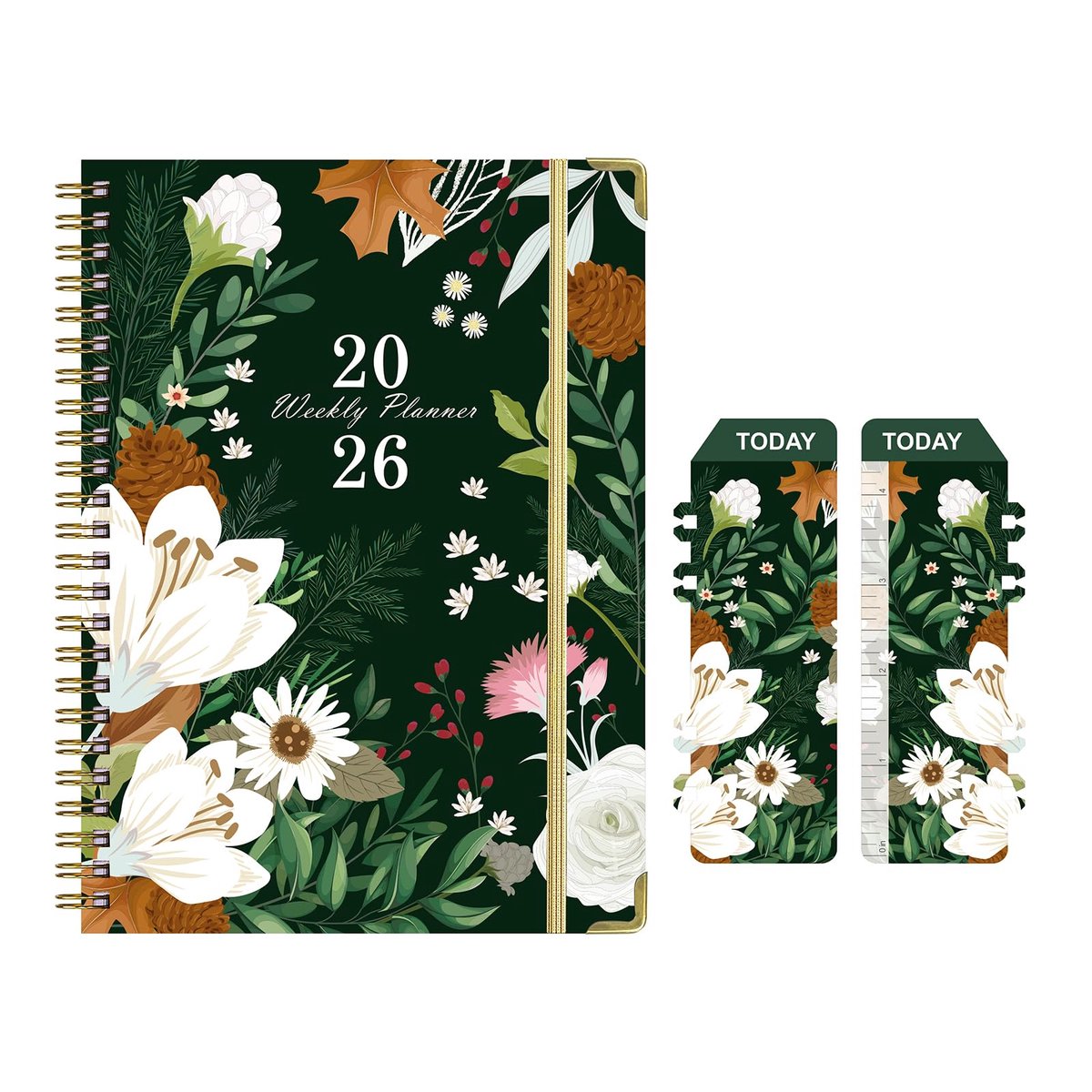 carmdering - 2026 Planner - Agenda voor Vrouwen - Bloemagenda - Groen, hardcover met goudfolie, spiraal - A5 (16×21,6 cm), jan-dec 2026 - Maand- en weekoverzicht, 100 gsm papier - Incl. opbergvak, boekleggers, notitiepagina's