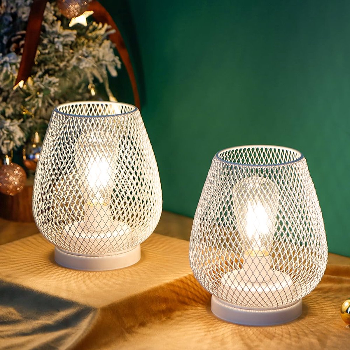 carmdering - Tafellamp - Kooilamp - Vintage Lamp - Set van 2, wit, warmwit LED - Metaal, 17 cm hoog, batterij (3x AAA) - Stabiele voet, ideaal voor bureau en thuis - Perfect cadeau voor housewarming en verjaardag