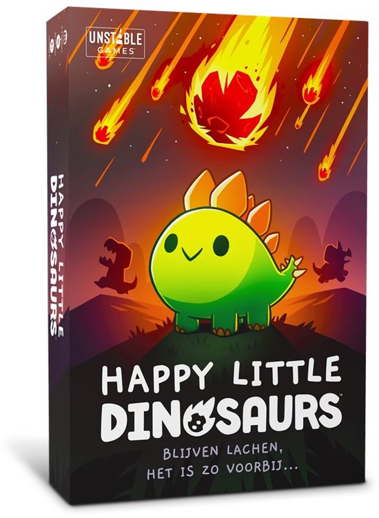 De Happy Little Dinosaurs kaartspelbox met een groene dinosaurus voor een vallende meteoriet.