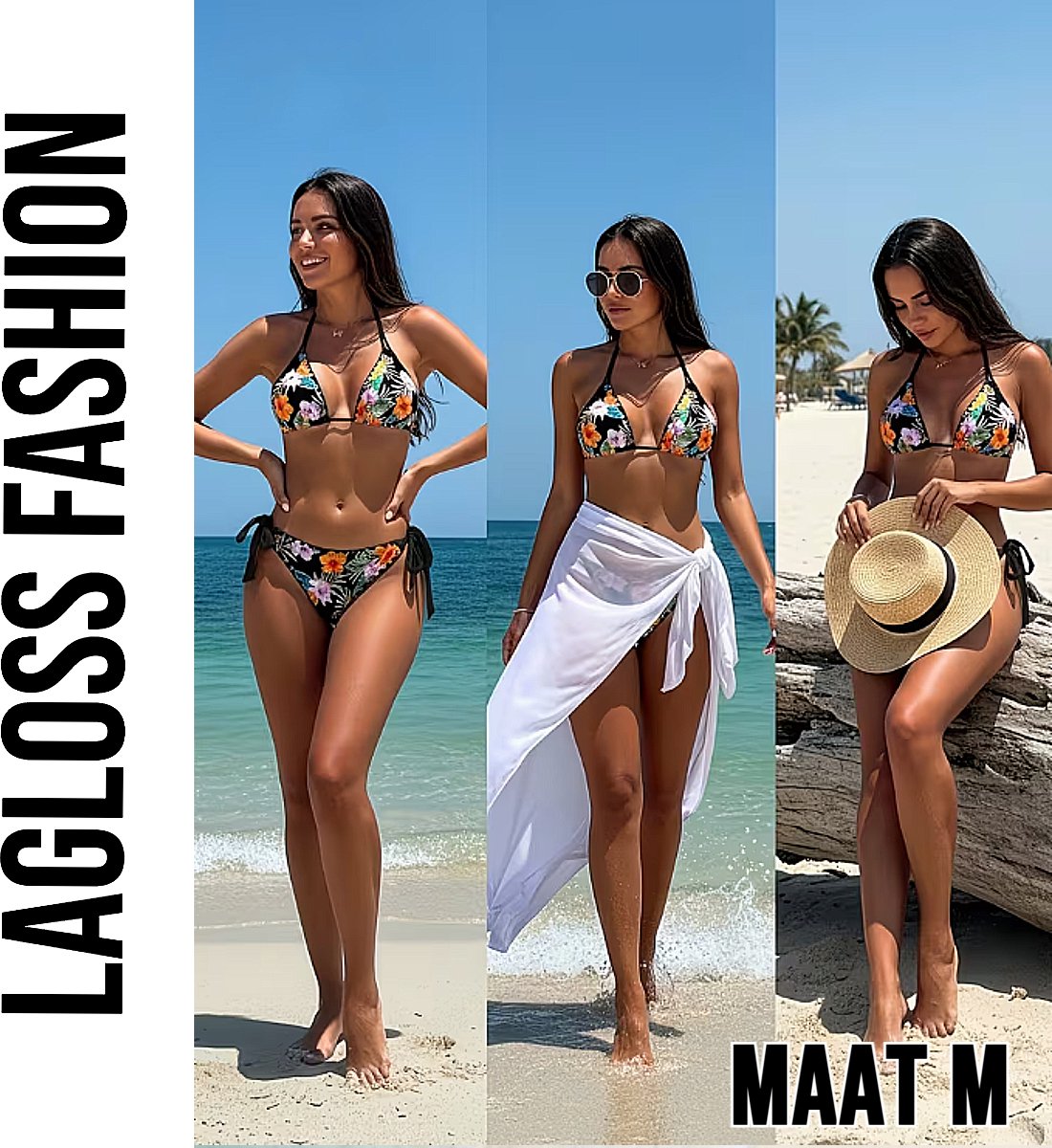 LaGloss® 2-delig Dames Bikini Set Zwart met All-over Bloemenprint - Haltertop en Strikbroekje – Strandmode – Beach fashion – Maat M