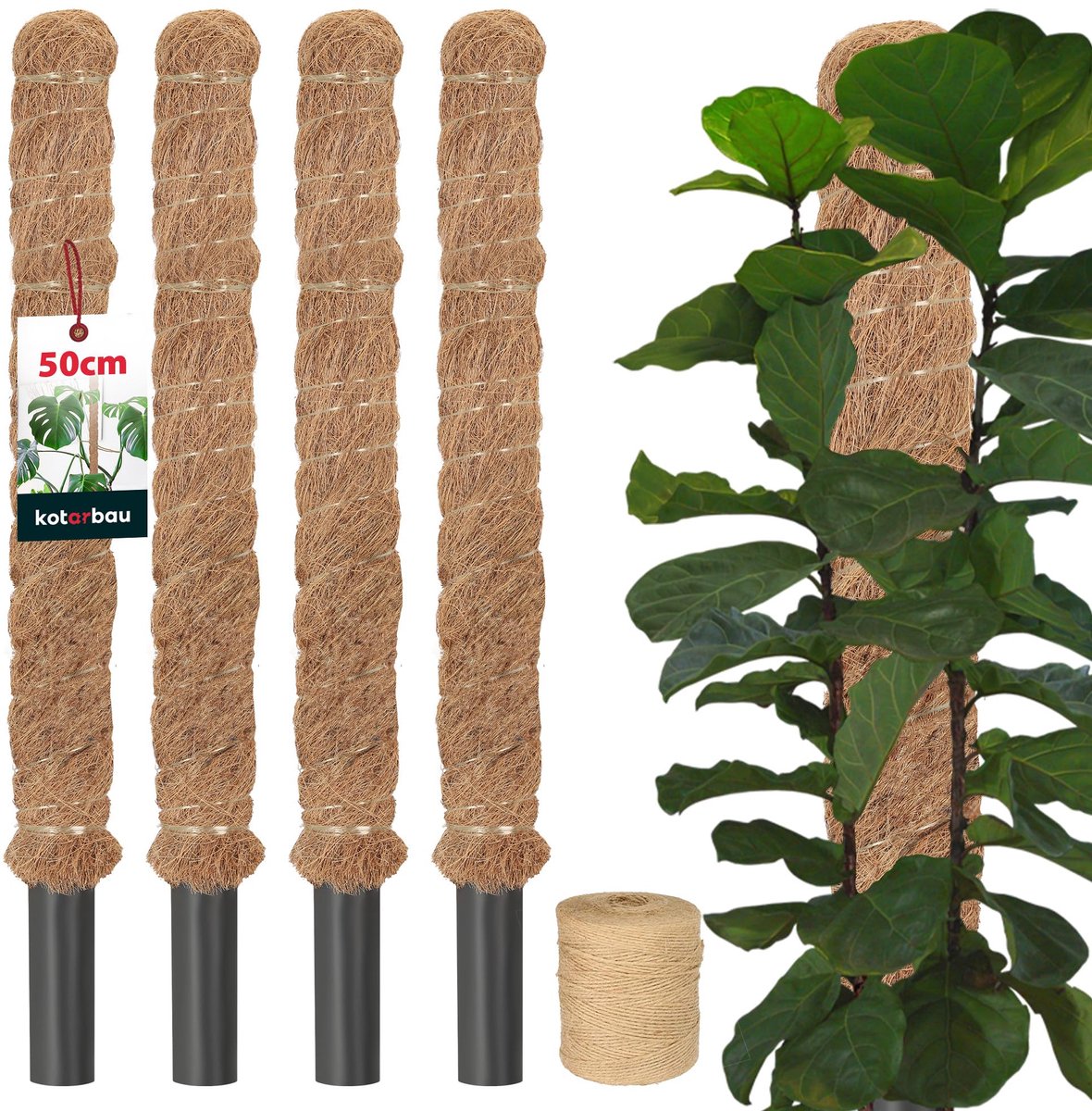 KOTARBAU® 4 st Kokosstok, Plantenstok, ⌀ 3,2 x 50 cm, Kokosstaaf, Klimhulp Monstera, Bruin, Kokosvezel, Klimhulp, Plantenstaaf, Kokosstok voor Monstera, Kokosstaaf voor Klimplanten