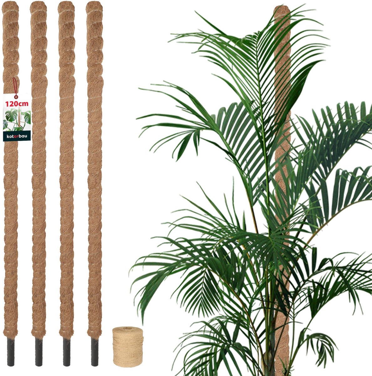 KOTARBAU® 4 st Kokosstok, Plantenstok, ⌀ 3,2 x 120 cm, Kokosstaaf, Klimhulp Monstera, Bruin, Kokosvezel, Klimhulp, Plantenstaaf, Kokosstok voor Monstera, Kokosstaaf voor Klimplanten