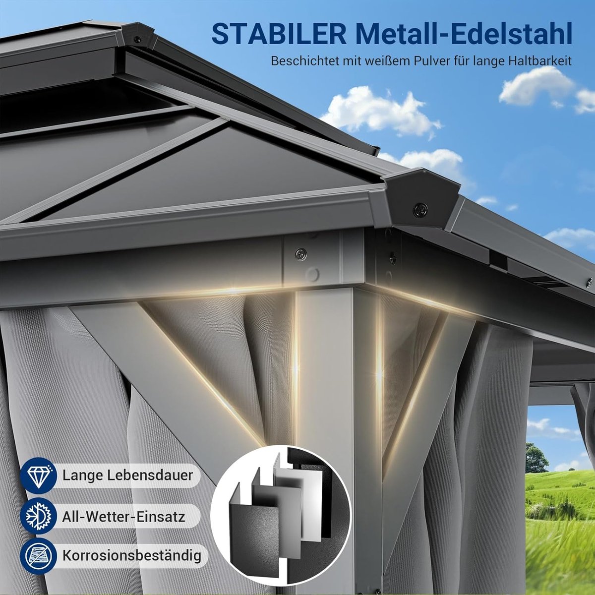 Tuinpaviljoen 3x4m Luxe Aluminium Dubbel Dak Polycarbonaat Waterdicht met Gordijnen en Muggengaas - Nicolehome