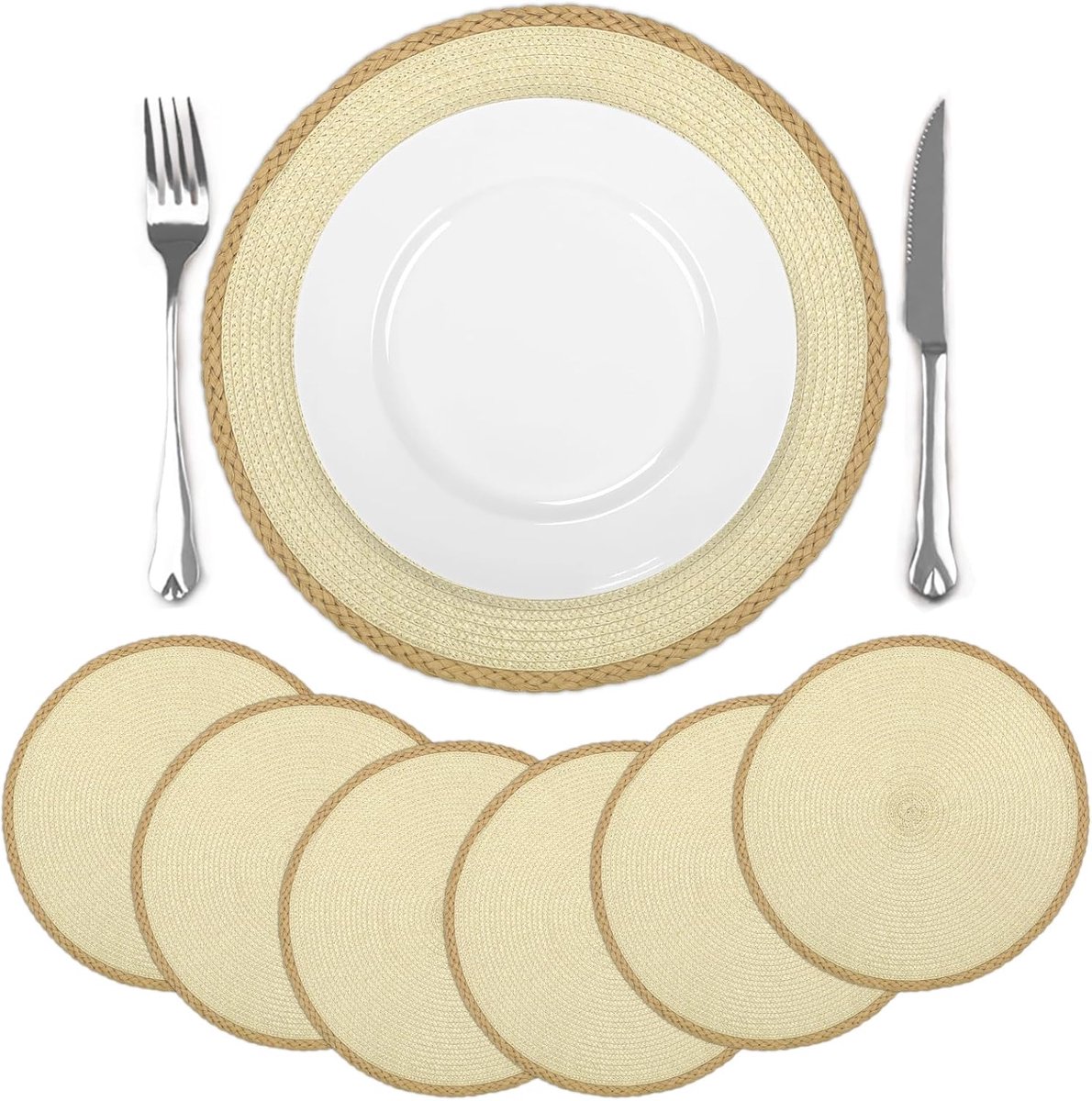 Set van 6 Ronde Gevlochten Placemats Beige Wit 36x36cm Antislip