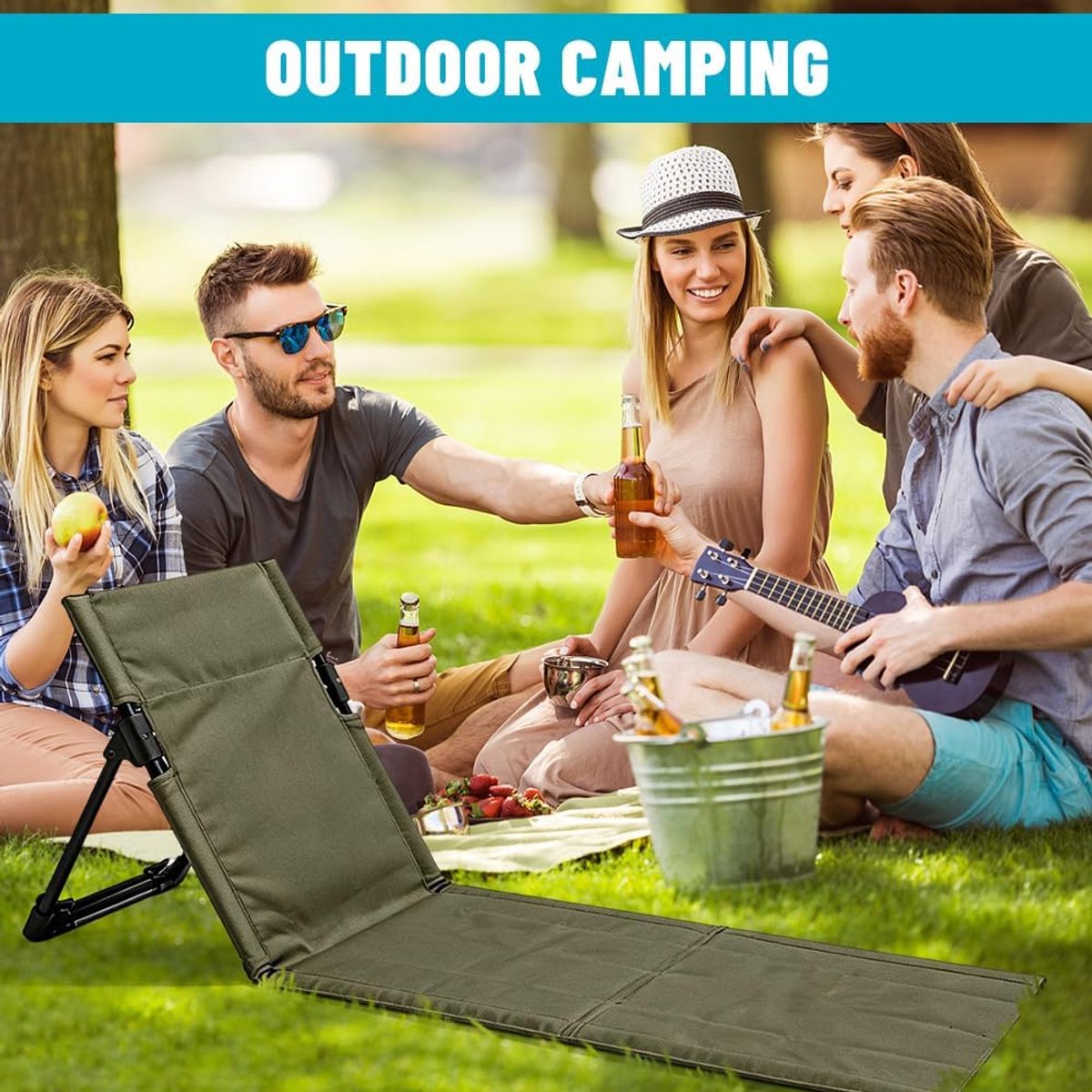 Strandmat met Rugleuning - opvouwbare kampeerstoel - Opvouwbare strandstoel - Vouwstoel / kussen - campingstoel buiten - Klapstoel - draagbare campingstoel met opbergtas - lichtgewicht strandvloerstoel - Ultiem Strandcomfort - Groen — cadeau in Sport & Outdoor - foto 4