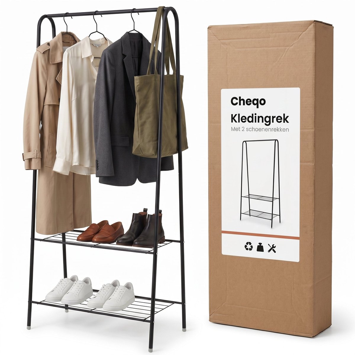 Cheqo® Kledingrek met Schoenenrek - Garderoberek - Kledingstang - Open Kledingkast - Kledinghanger - Kledingstandaard - Zwart - Industrieel - Ophangrek - Klerenrek - Kapstok - Garderobe Opbergrek - voor Slaapkamer en Hal en Entree – foto 5