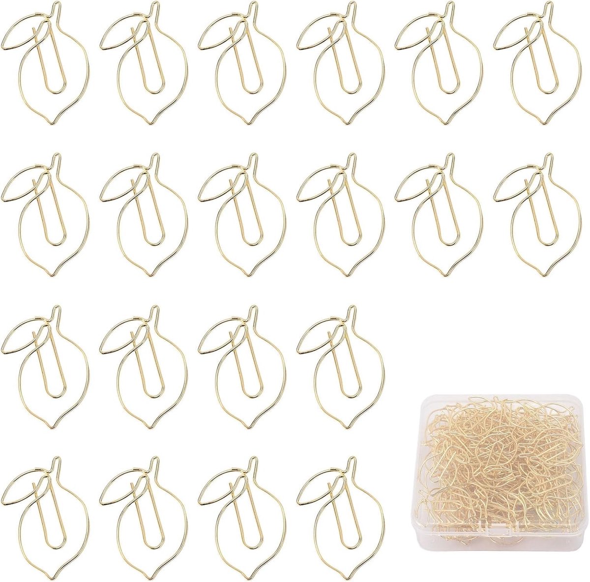 100pcs Paper Clips - Transparante Opbergdoos - Gouden Lemonvormige Boekmarkclips voor Kantoor School Thuisgebruik