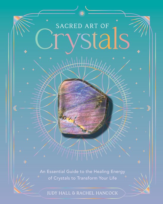 Boekomslag van 'Sacred Art of Crystals' met een labradoriet steen en een mandala.