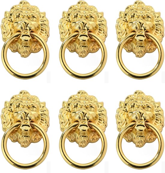 Zes gouden leeuwenkop deurkloppers met ringen, op een witte achtergrond.