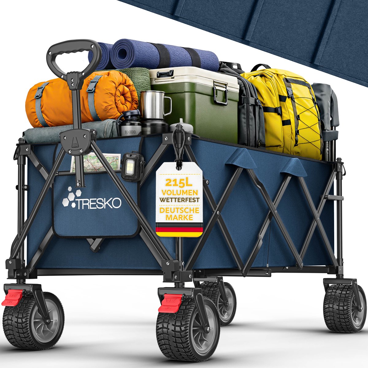 TRESKO® Bolderwagen opvouwbaar 215L met rem | Handwagen inklapbaar 150kg incl. massief rubberen banden | Opvouwbare strandwagen extra brede all-terrain wielen | Transportwagen met draagtas